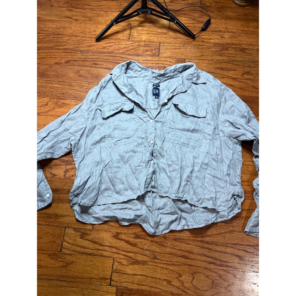 Gap Womens XL Cropped Linen Blend Button Down Shirt Light Blue Gray Long Sleeve